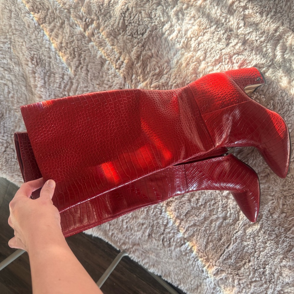 Perfect Condition Red Croc-Embossed Knee-High Boo… - image 3